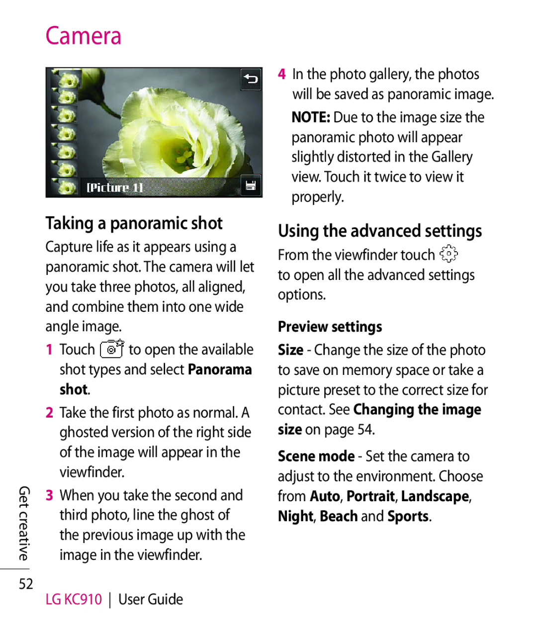 LG Electronics KC910 manual Taking a panoramic shot, Using the advanced settings, Shot, Preview settings 