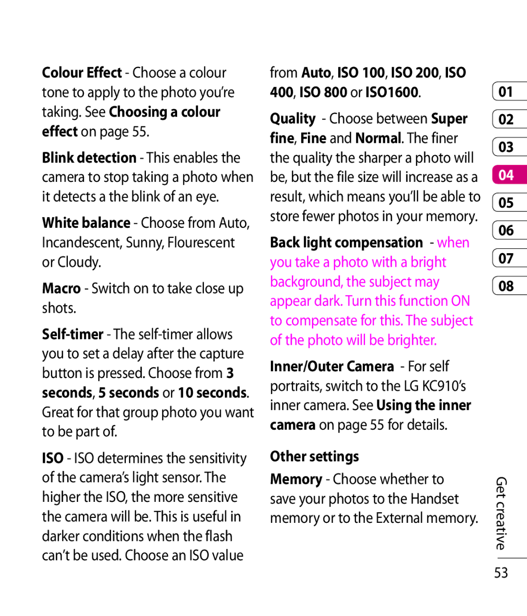 LG Electronics KC910 manual Macro Switch on to take close up shots, Other settings 