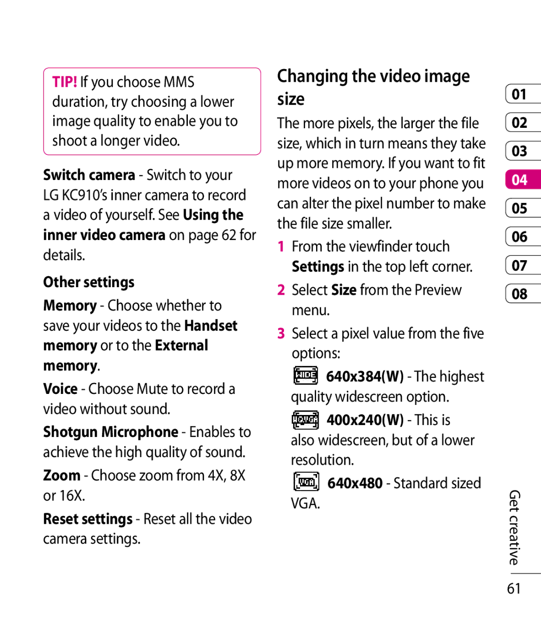 LG Electronics KC910 manual Changing the video image size, Reset settings Reset all the video camera settings 