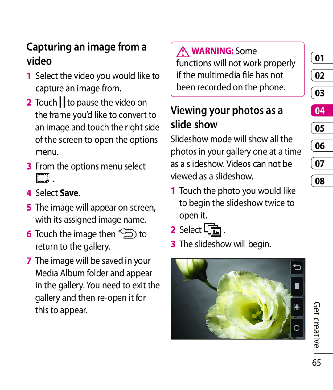 LG Electronics KC910 manual Capturing an image from a video, Viewing your photos as a slide show 