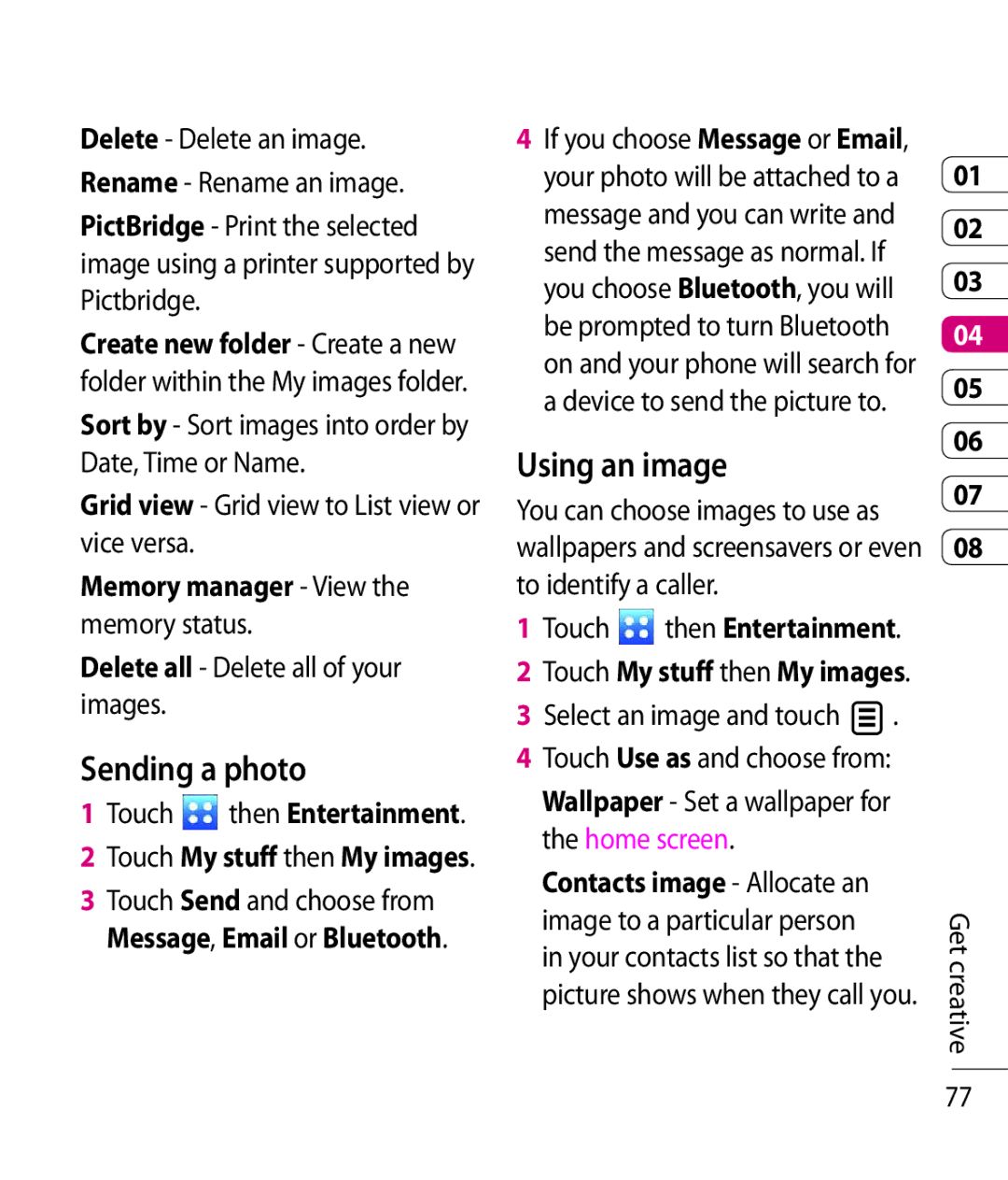 LG Electronics KC910 Sending a photo, Using an image, Memory manager View the memory status, Select an image and touch 