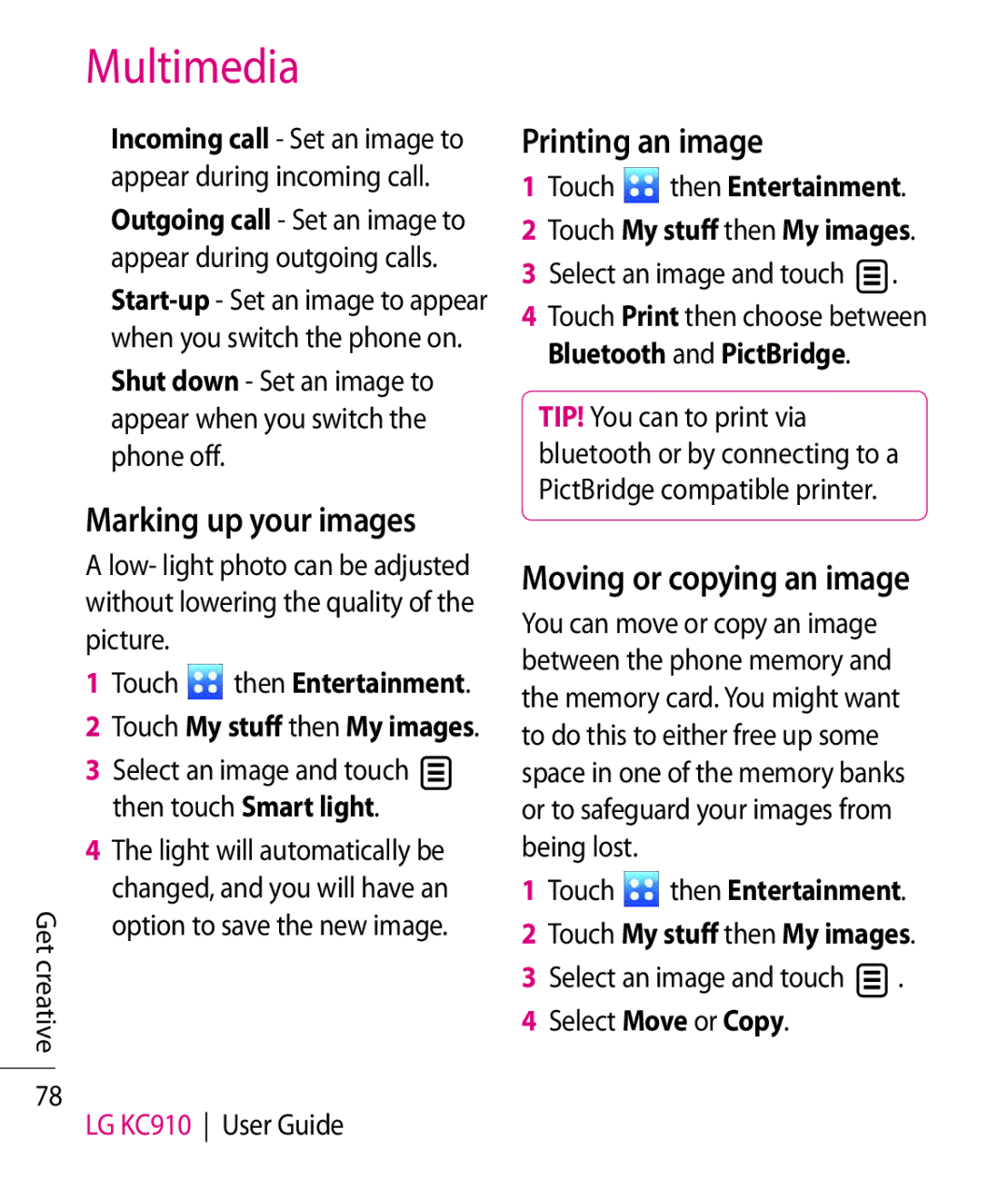 LG Electronics KC910 manual Marking up your images, Printing an image, Moving or copying an image 