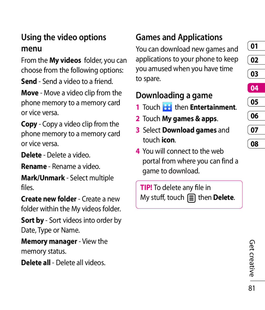 LG Electronics KC910 manual Using the video options menu, Games and Applications, Downloading a game 