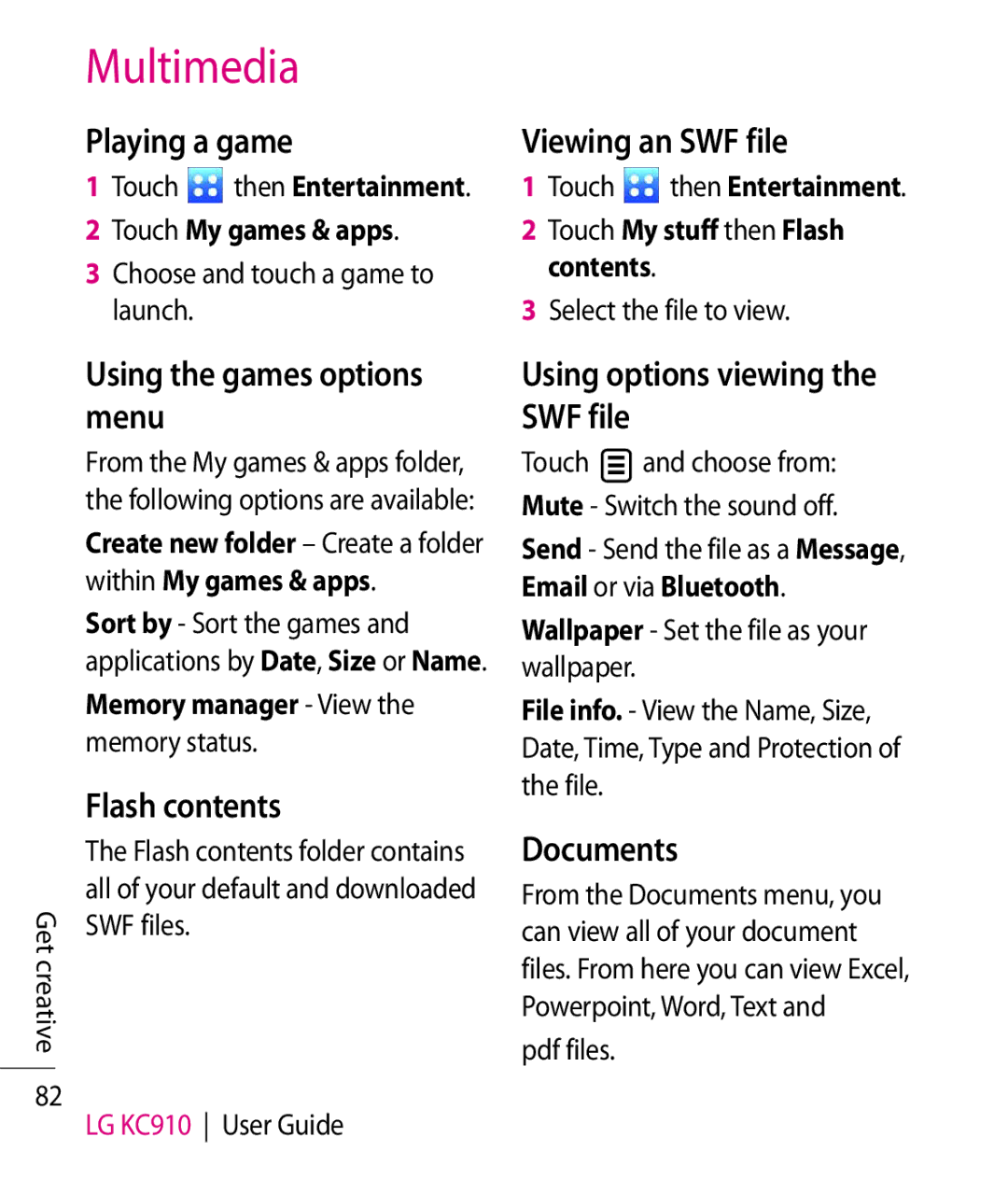 LG Electronics KC910 manual Playing a game Viewing an SWF file, Menu, Flash contents, Using options viewing the SWF file 