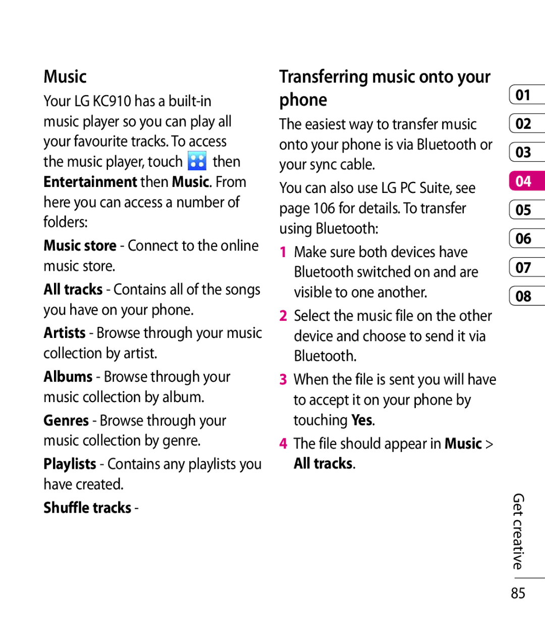 LG Electronics KC910 manual Music, Transferring music onto your phone, Shuffle tracks 