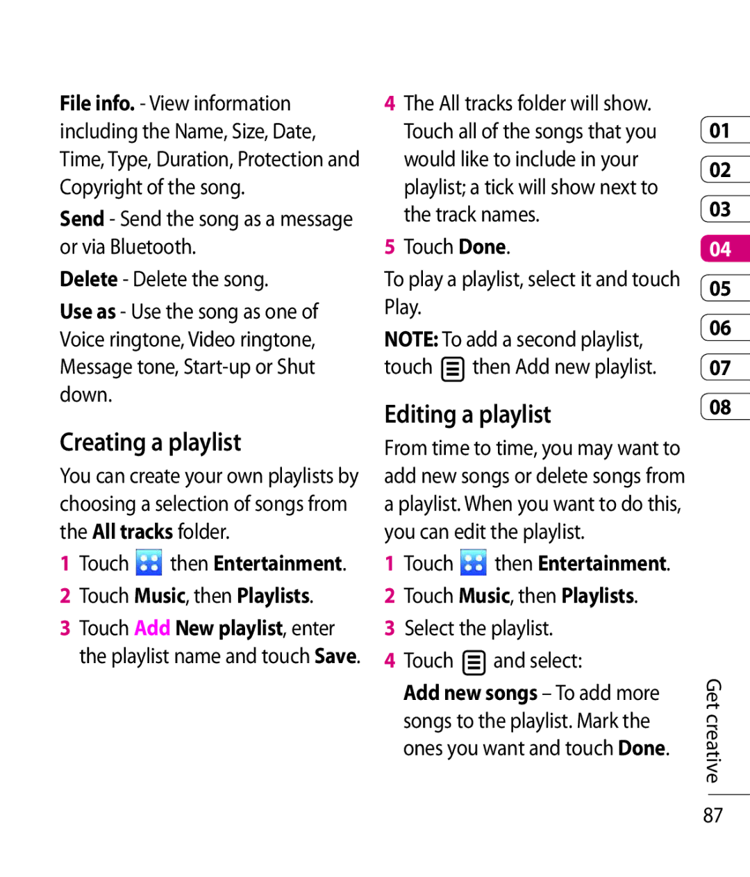 LG Electronics KC910 manual Creating a playlist, Editing a playlist, Touch Music, then Playlists 