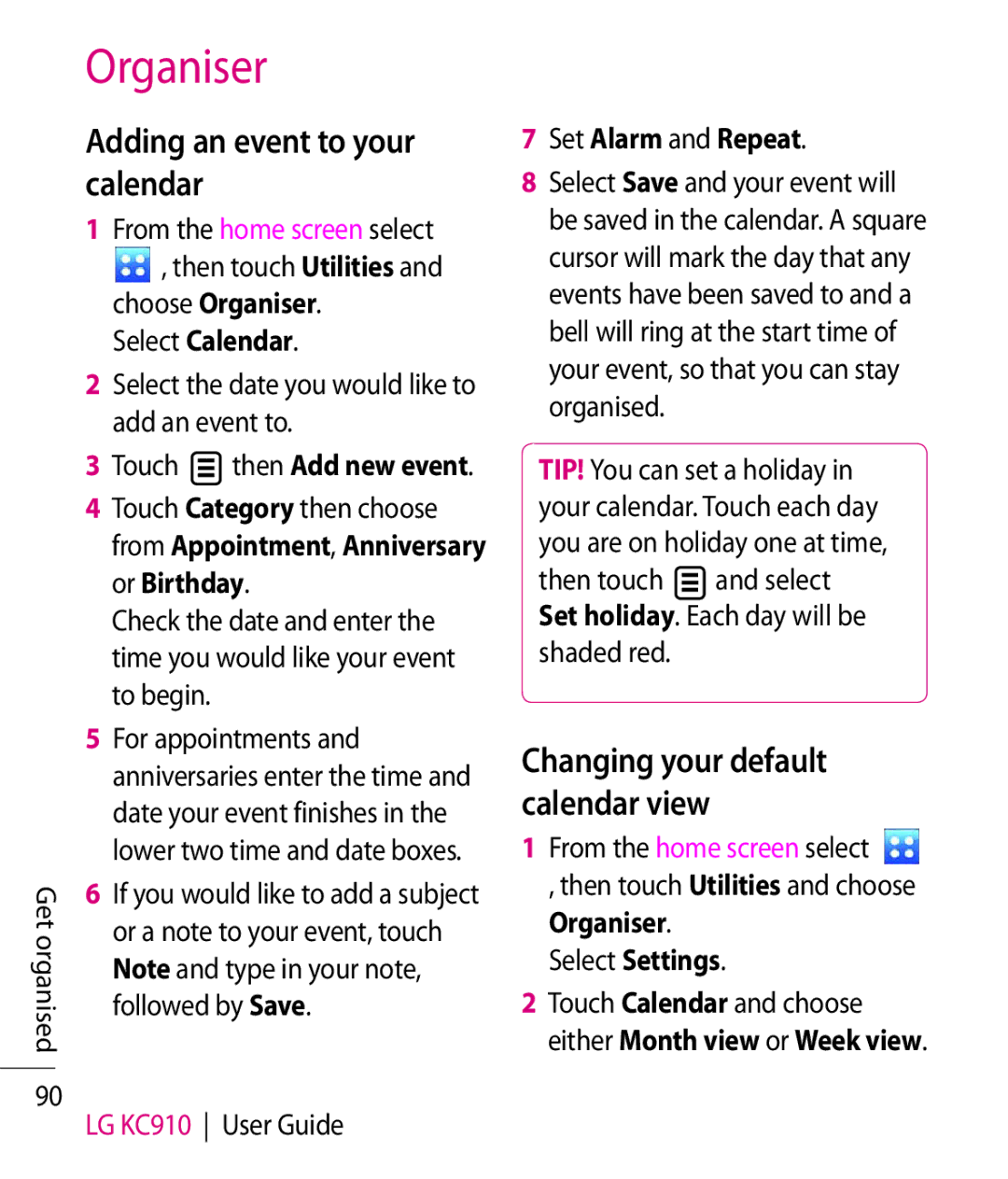 LG Electronics KC910 manual Organiser, Adding an event to your calendar 