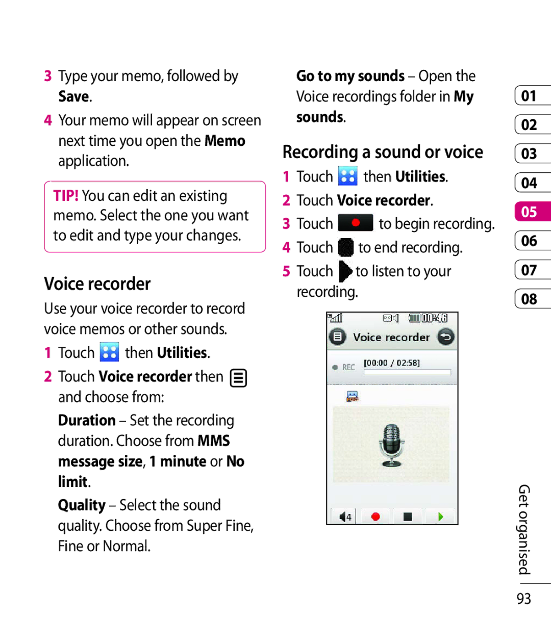 LG Electronics KC910 manual Recording a sound or voice, Touch then Utilities, Touch Voice recorder 