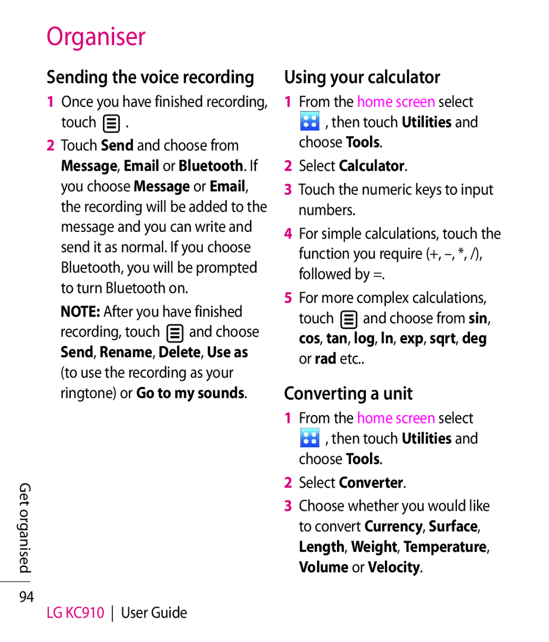 LG Electronics KC910 manual Using your calculator, Converting a unit, Sending the voice recording, Select Calculator 