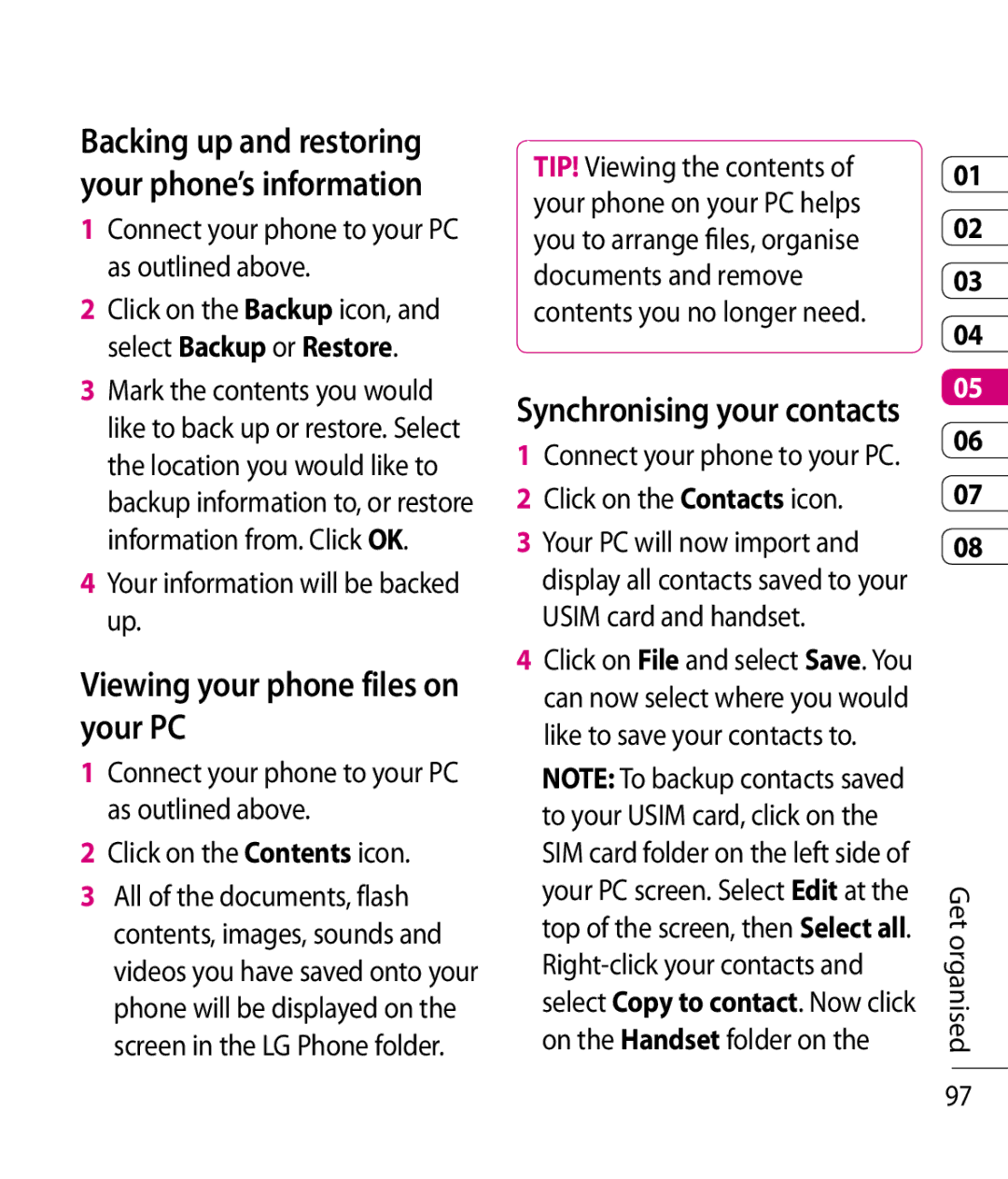LG Electronics KC910 Viewing your phone files on your PC, Synchronising your contacts, Your information will be backed up 