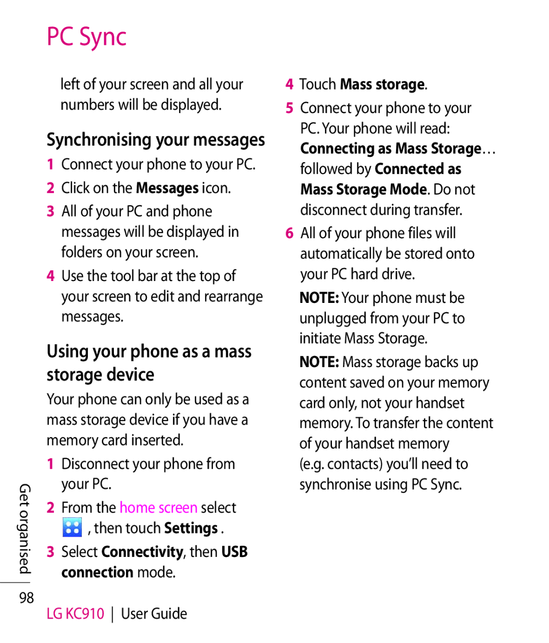 LG Electronics KC910 manual Using your phone as a mass storage device, Synchronising your messages, Connection mode 