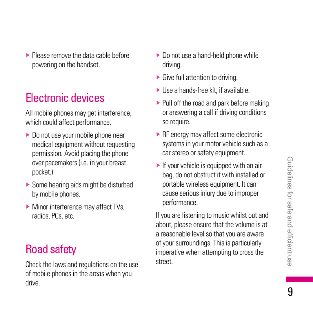 LG Electronics KE970 manual Electronic devices, Road safety 