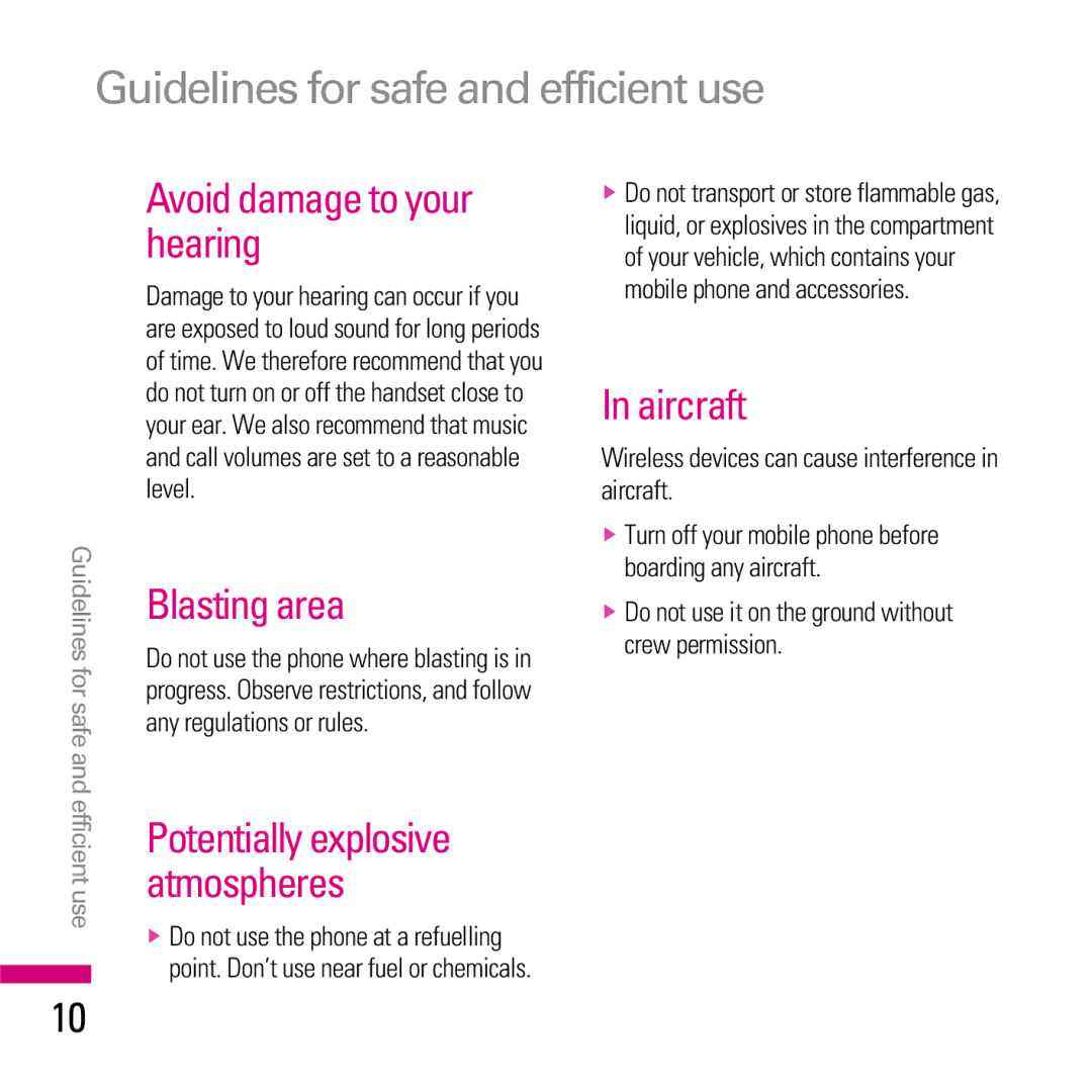 LG Electronics KE970 manual Avoid damage to your hearing, Blasting area, Aircraft 