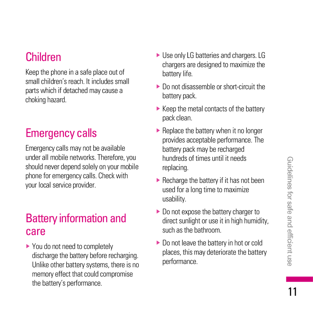 LG Electronics KE970 manual Children, Emergency calls, Battery information and care 