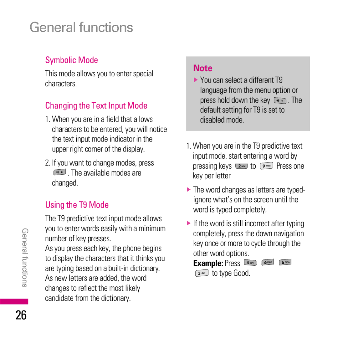 LG Electronics KE970 manual Symbolic Mode, Changing the Text Input Mode, Using the T9 Mode, Example Press 