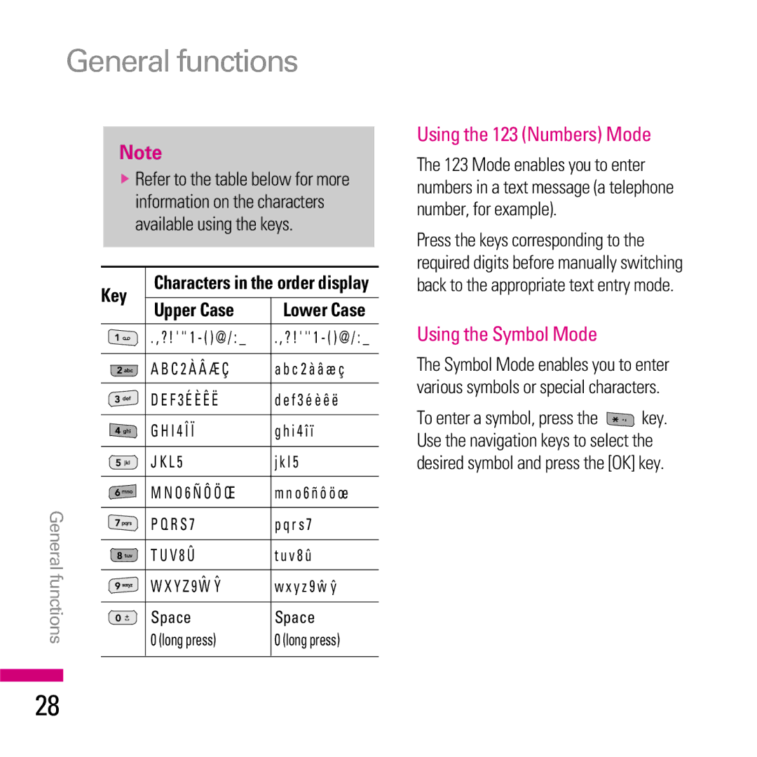 LG Electronics KE970 manual Using the 123 Numbers Mode, Using the Symbol Mode, Key 