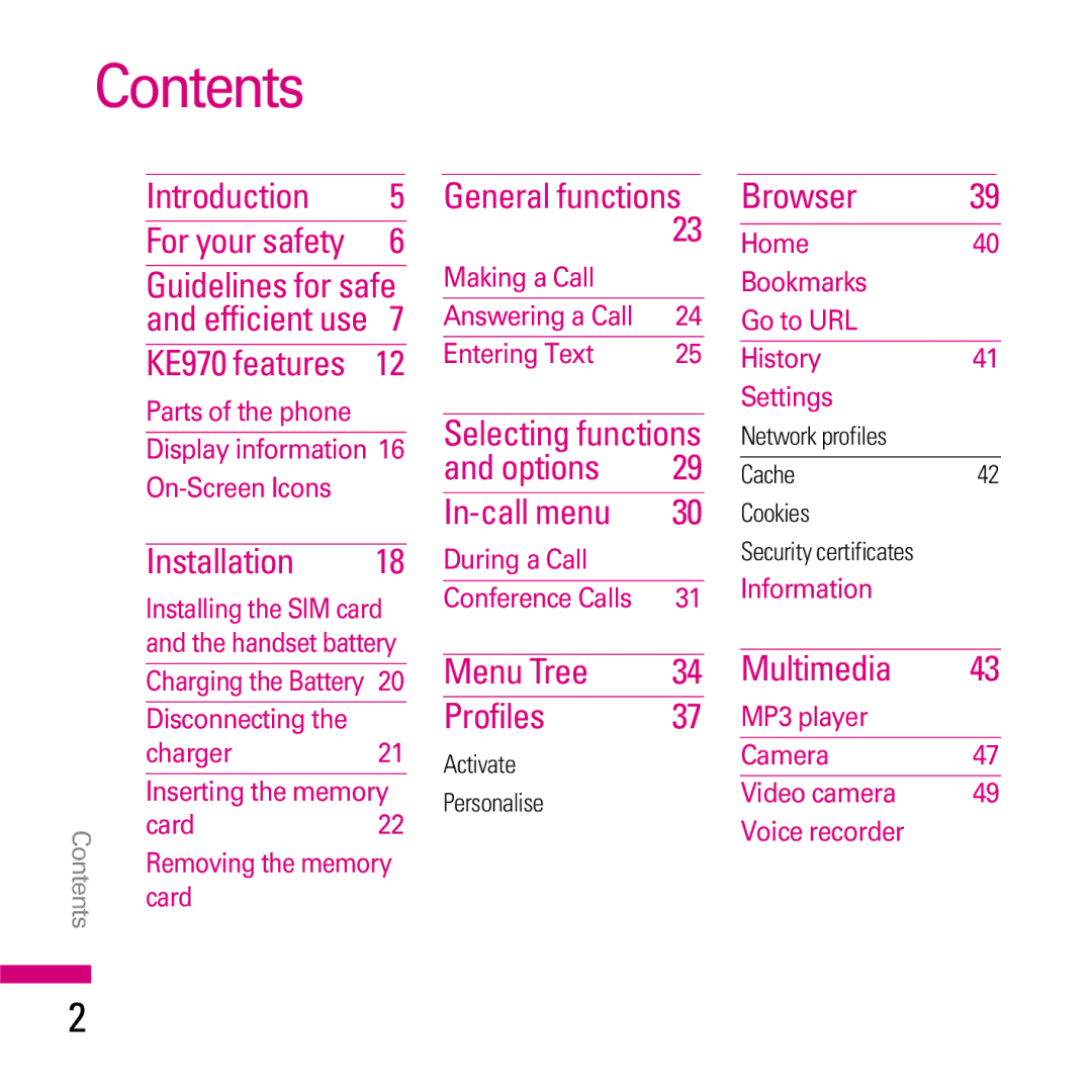 LG Electronics KE970 manual Contents 