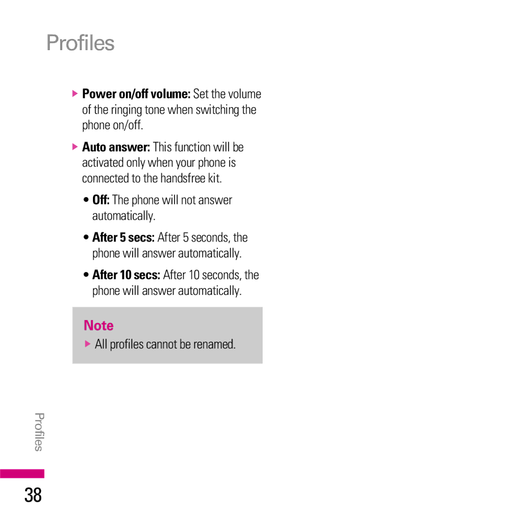 LG Electronics KE970 manual Profiles, Off The phone will not answer automatically, All profiles cannot be renamed 