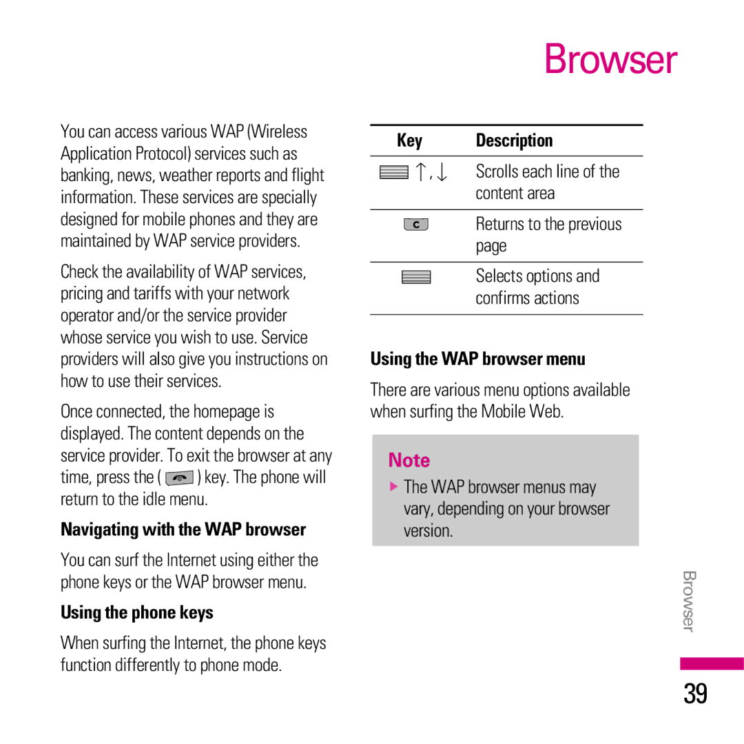 LG Electronics KE970 manual Browser, Navigating with the WAP browser, Using the phone keys, Key Description 