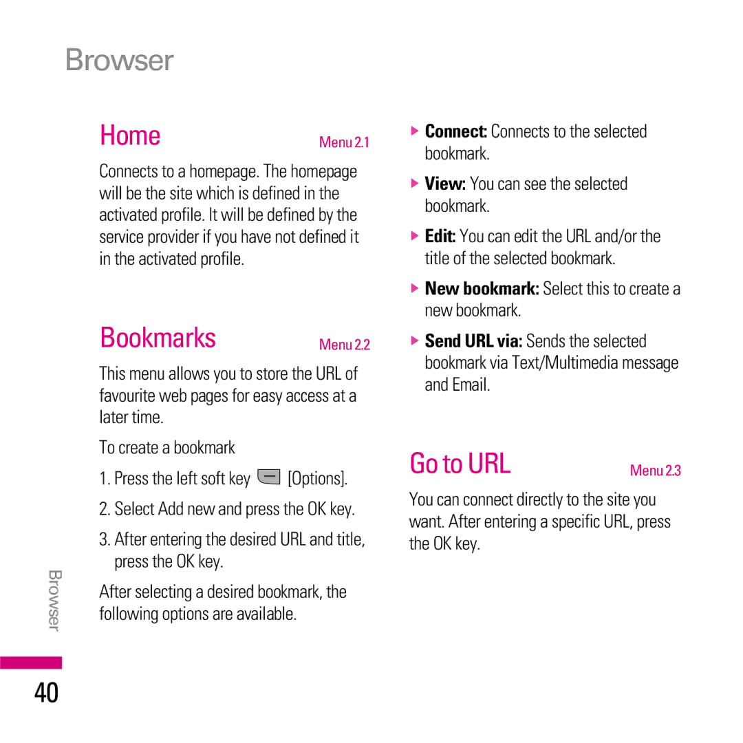 LG Electronics KE970 manual Browser, Bookmarks, Go to URL 