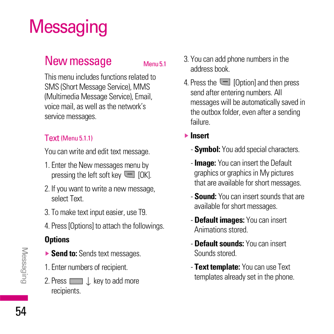 LG Electronics KE970 manual Messaging, New message, Options, Insert 