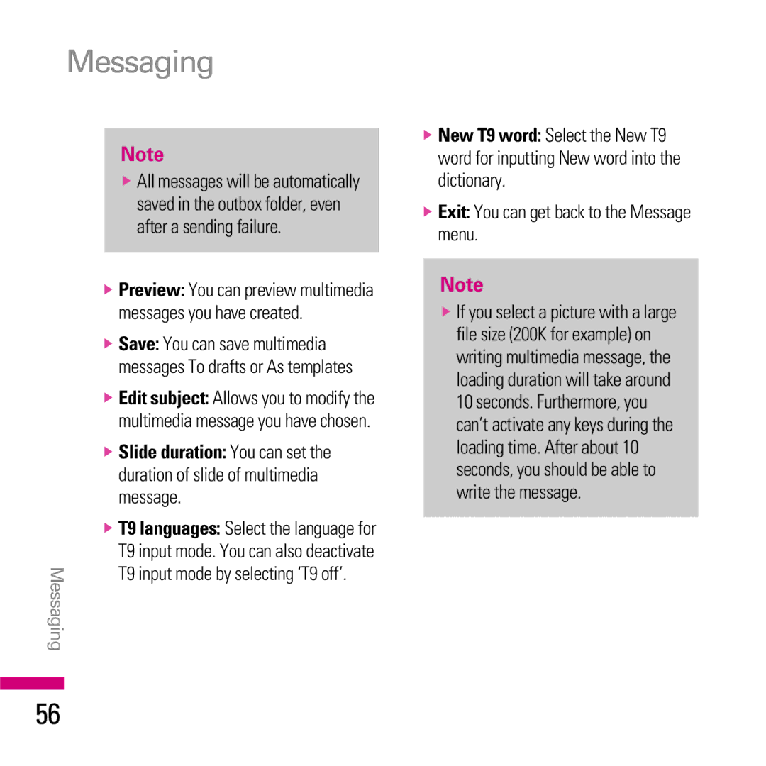 LG Electronics KE970 manual Messaging, Exit You can get back to the Message menu 