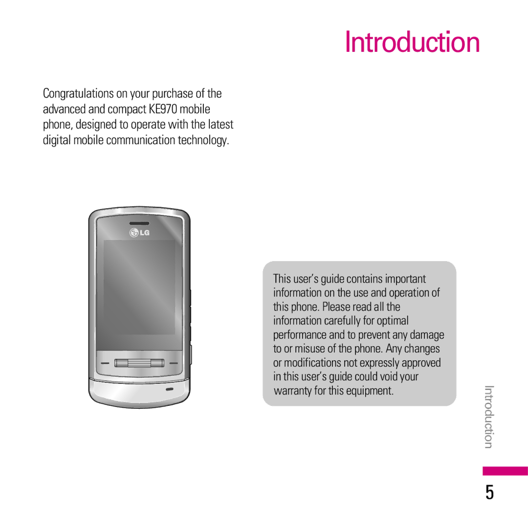 LG Electronics KE970 manual Introduction, This user’s guide contains important, This user’s guide could void your 