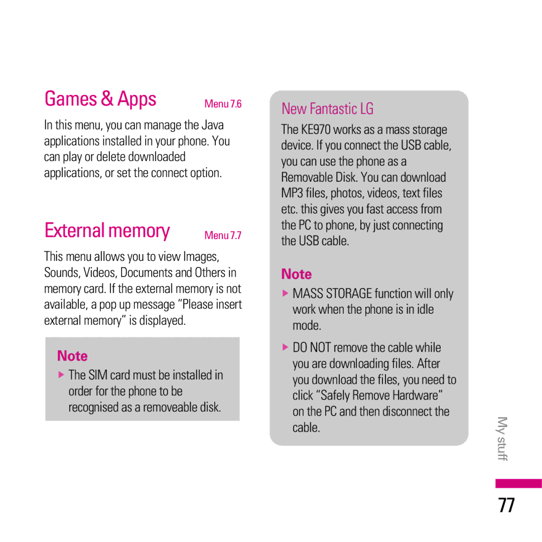 LG Electronics KE970 manual Games & Apps, External memory 