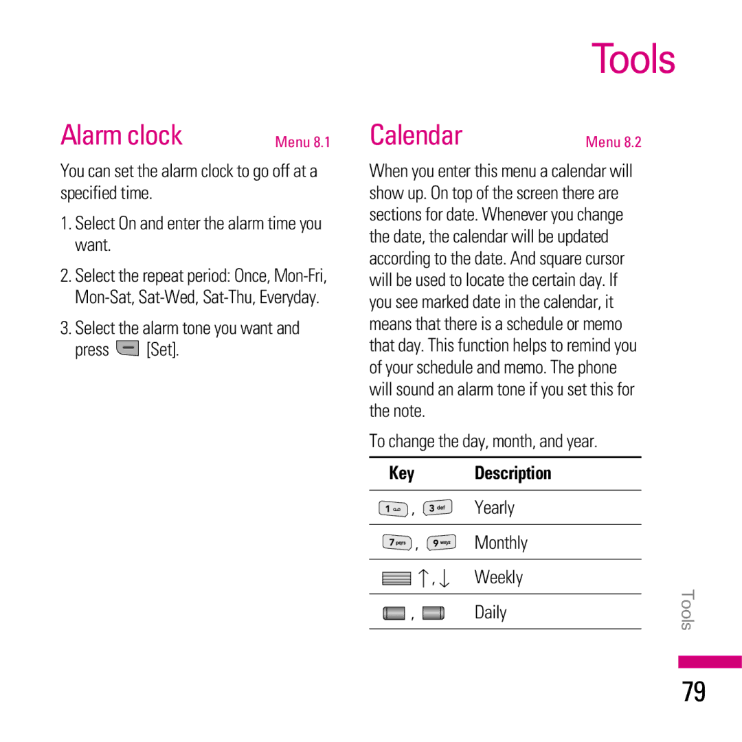 LG Electronics KE970 manual Tools, Alarm clock, Calendar 