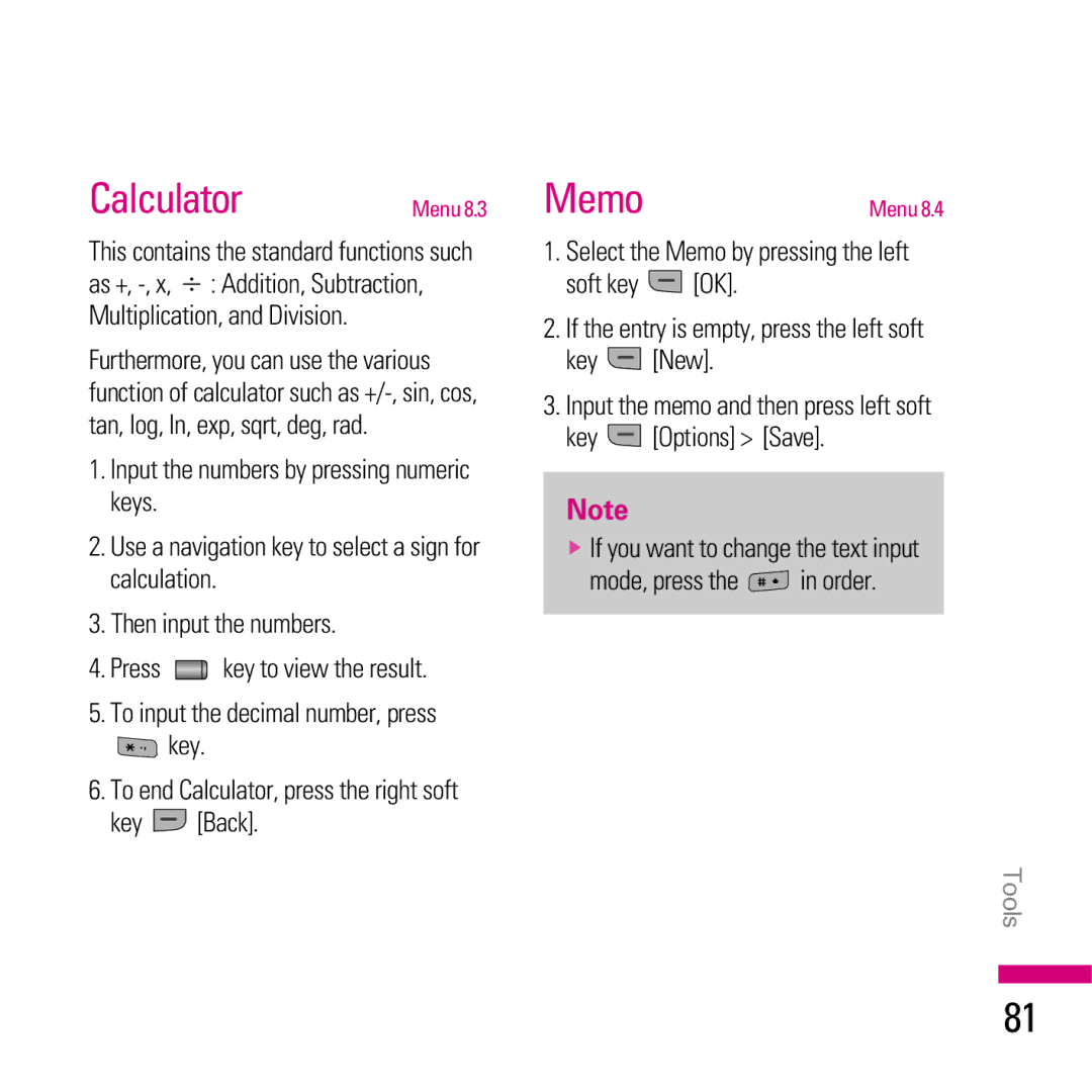 LG Electronics KE970 manual Calculator Menu, Key Back, MemoMenu 