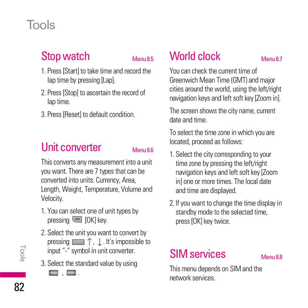 LG Electronics KE970 manual Stop watch, Unit converter, World clock, SIM services 