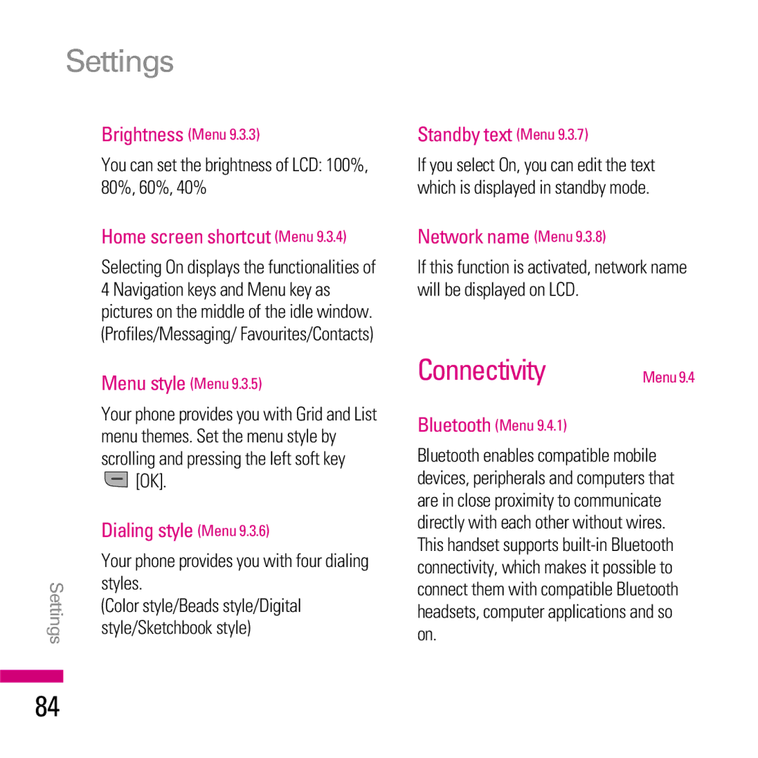 LG Electronics KE970 manual Settings, Connectivity Menu 