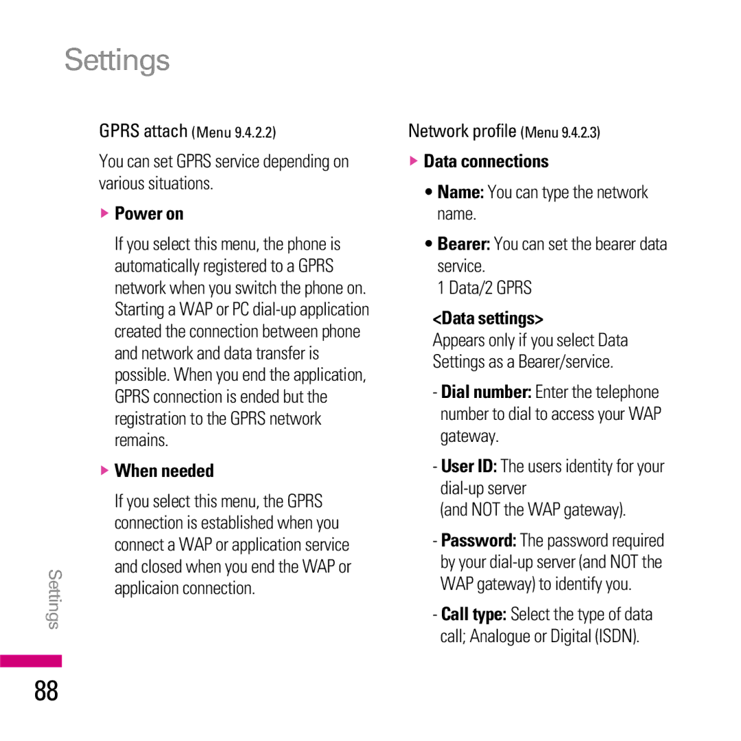 LG Electronics KE970 manual Power on, When needed, Data connections, Data settings 