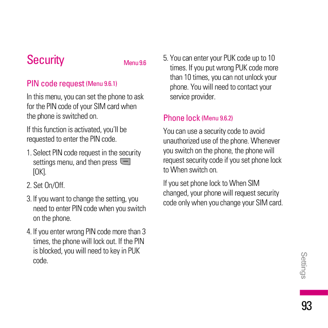 LG Electronics KE970 manual SecurityMenu, PIN code request Menu, Phone lock Menu 