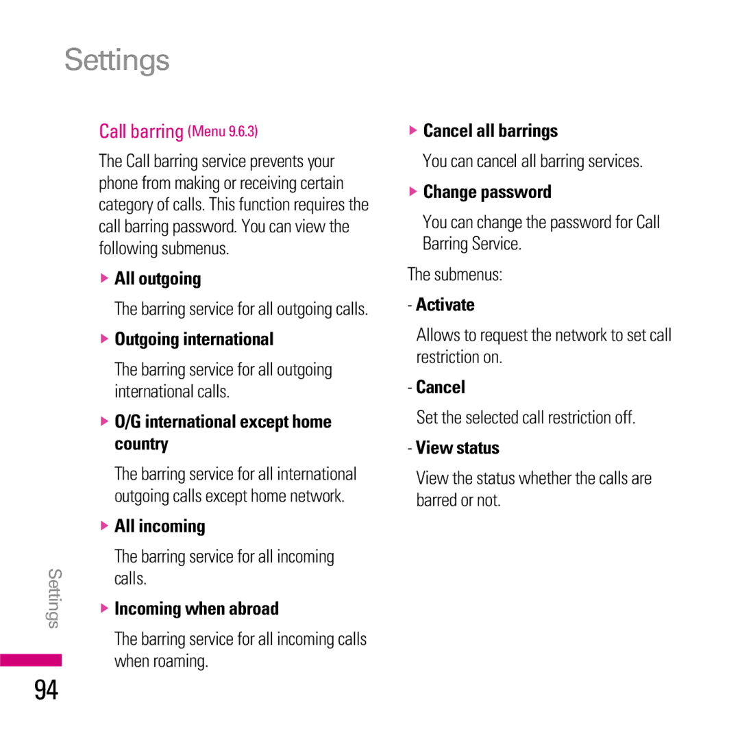 LG Electronics KE970 manual Call barring Menu 