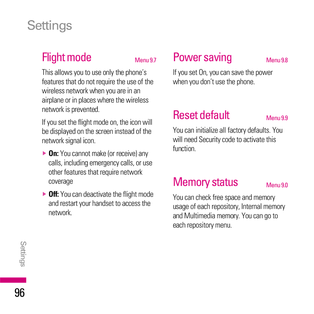 LG Electronics KE970 manual Flight mode, Power saving, Reset default, Memory status 