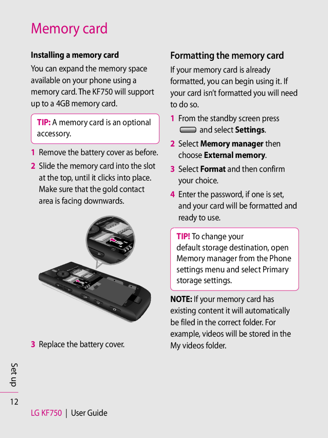 LG Electronics KF750 manual Memory card, Formatting the memory card, Installing a memory card 