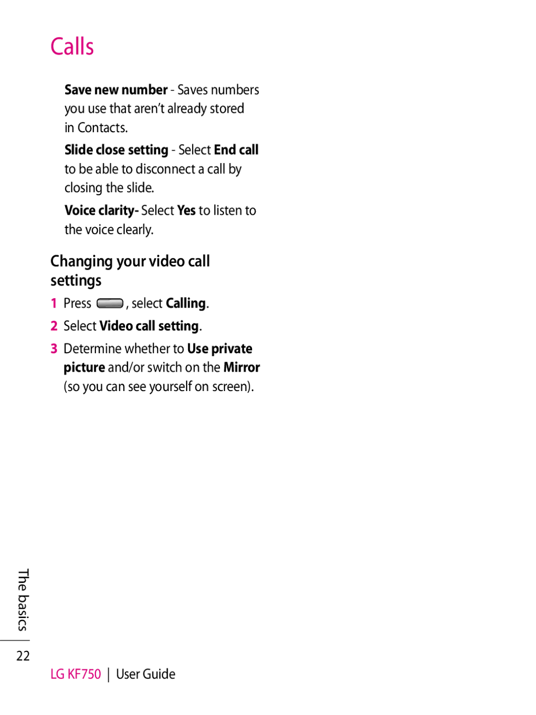 LG Electronics KF750 Changing your video call settings, Save new number Saves numbers, Slide close setting Select End call 