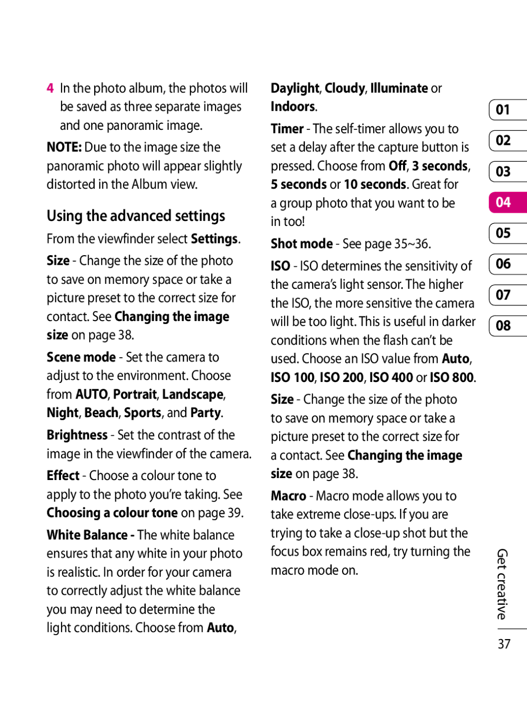 LG Electronics KF750 manual Using the advanced settings, Daylight, Cloudy, Illuminate or Indoors, Shot mode See page 35~36 