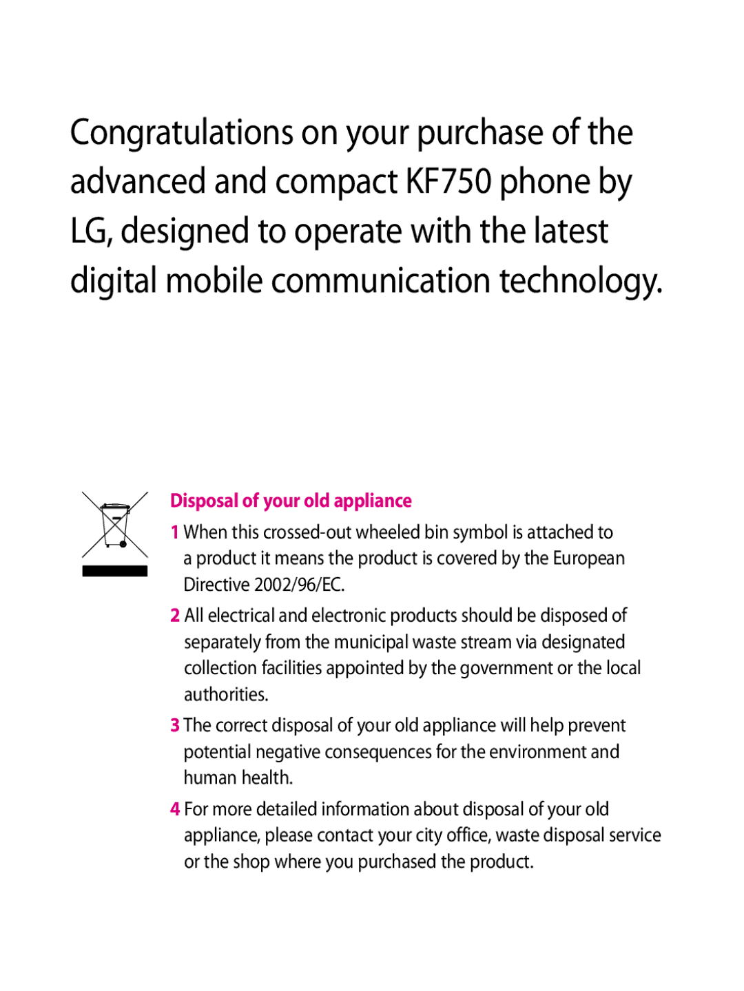 LG Electronics KF750 manual Disposal of your old appliance 