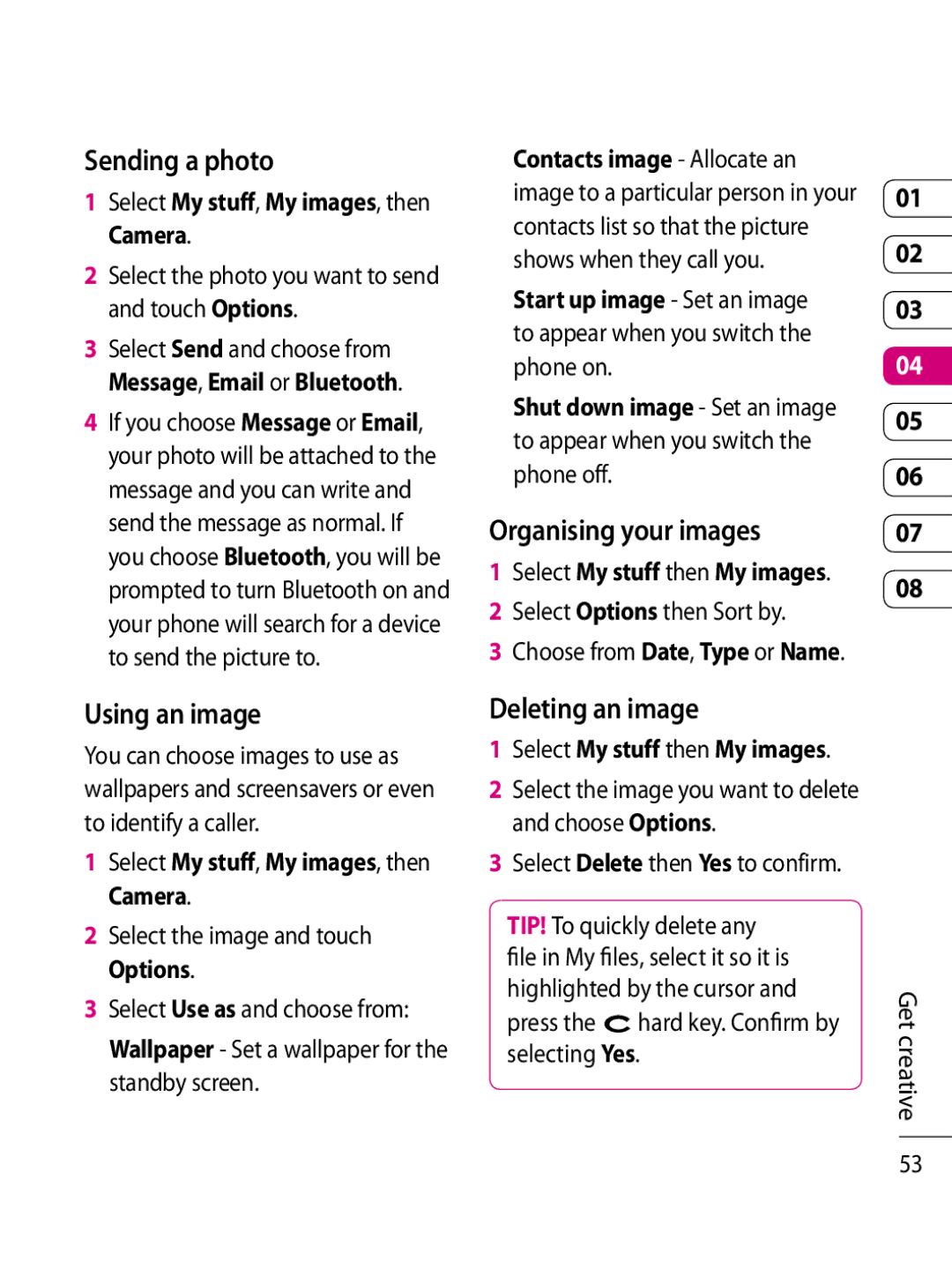 LG Electronics KF750 manual Sending a photo, Organising your images, Using an image, Deleting an image 