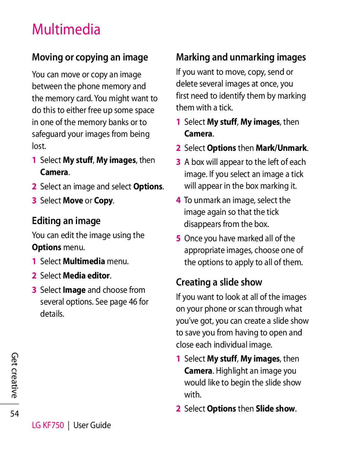 LG Electronics KF750 Editing an image, Creating a slide show, Moving or copying an image, Marking and unmarking images 