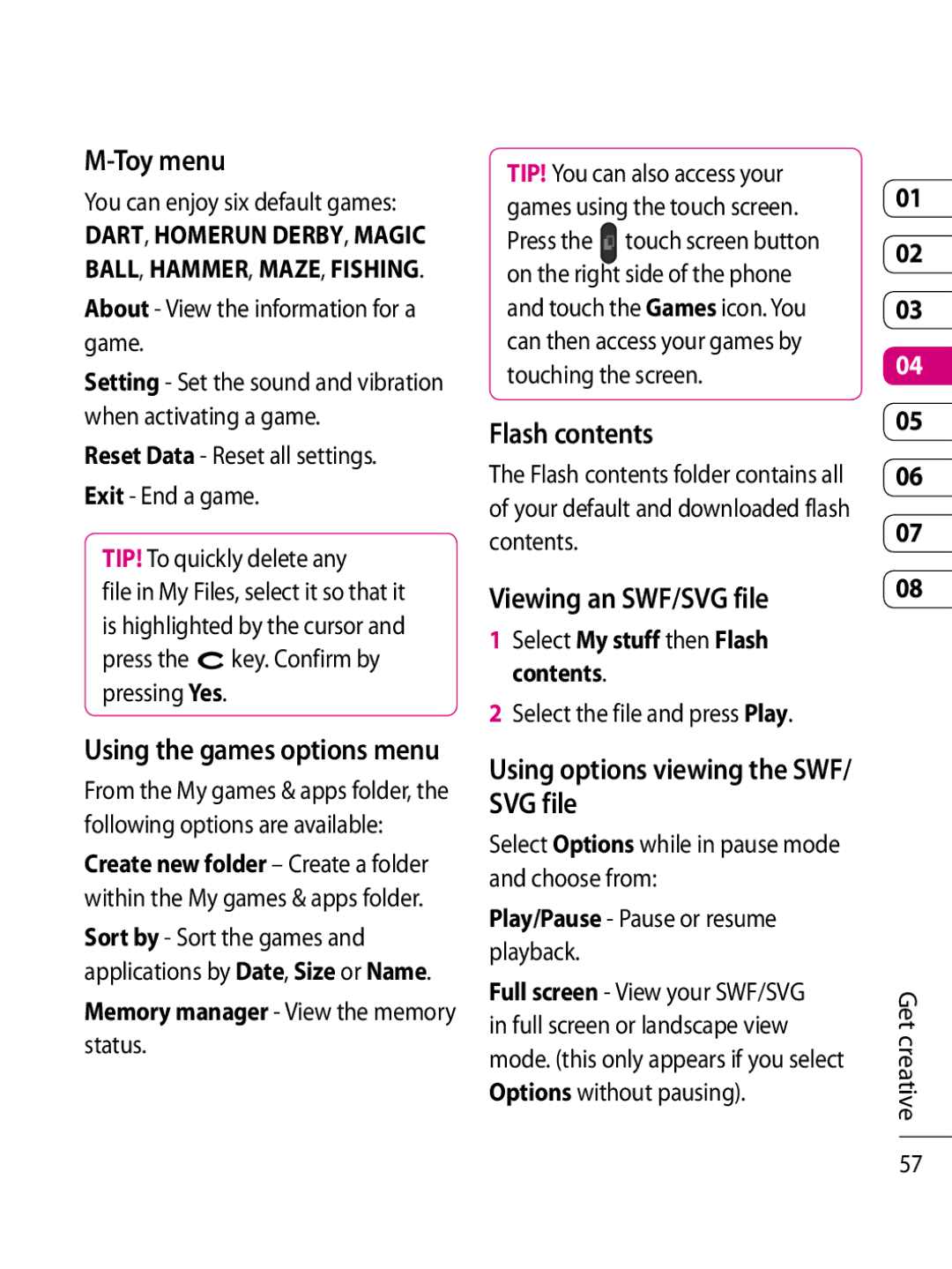 LG Electronics KF750 manual Toy menu, Flash contents, Viewing an SWF/SVG file, Using options viewing the SWF/ SVG file 