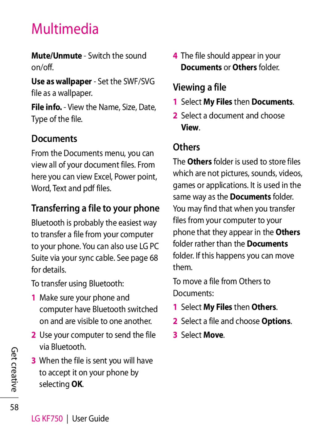 LG Electronics KF750 manual Viewing a file, Select My Files then Documents, Select My Files then Others 