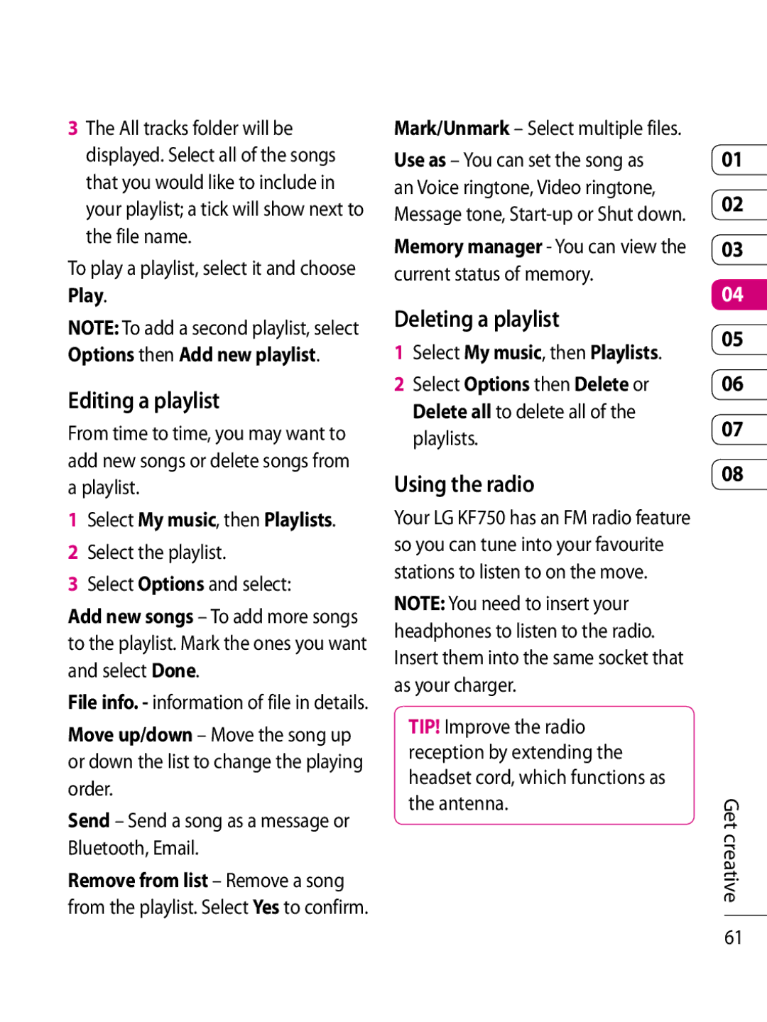 LG Electronics KF750 manual Editing a playlist, Deleting a playlist, Using the radio, Play 