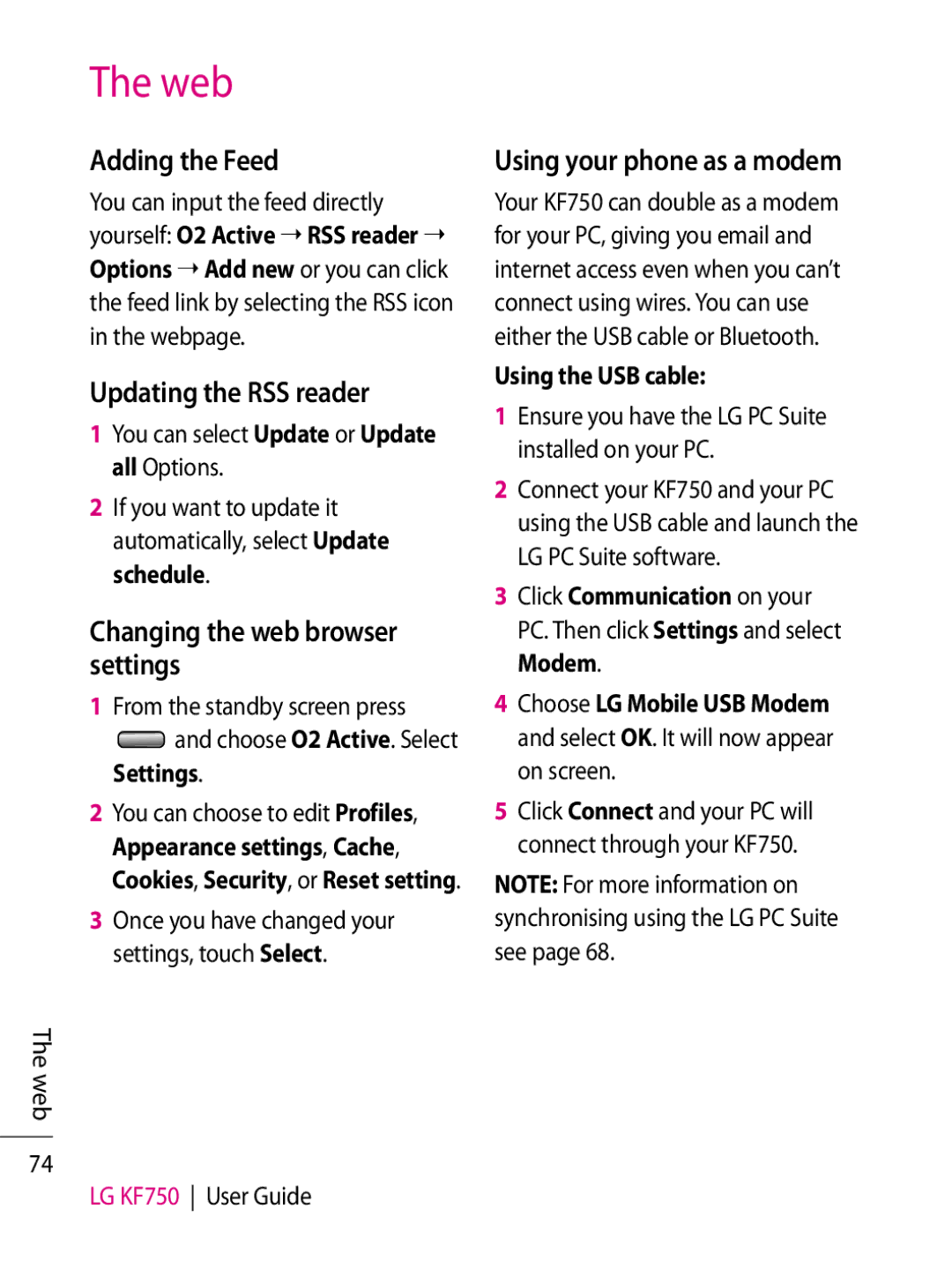 LG Electronics KF750 Adding the Feed, Updating the RSS reader, Changing the web browser settings, Using the USB cable 