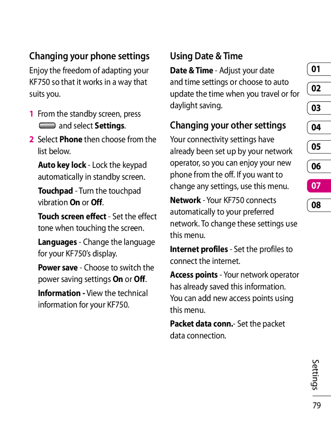 LG Electronics KF750 manual Using Date & Time, Changing your phone settings, Changing your other settings 