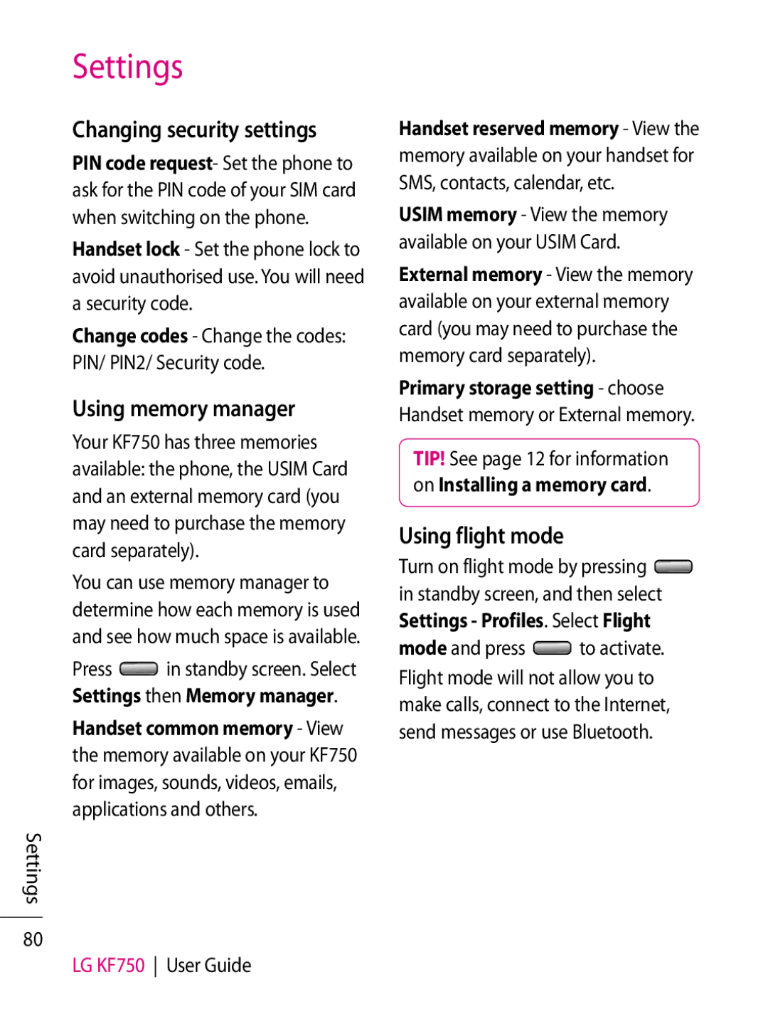 LG Electronics manual Using memory manager, Using flight mode, Changing security settings, Settings LG KF750 User Guide 