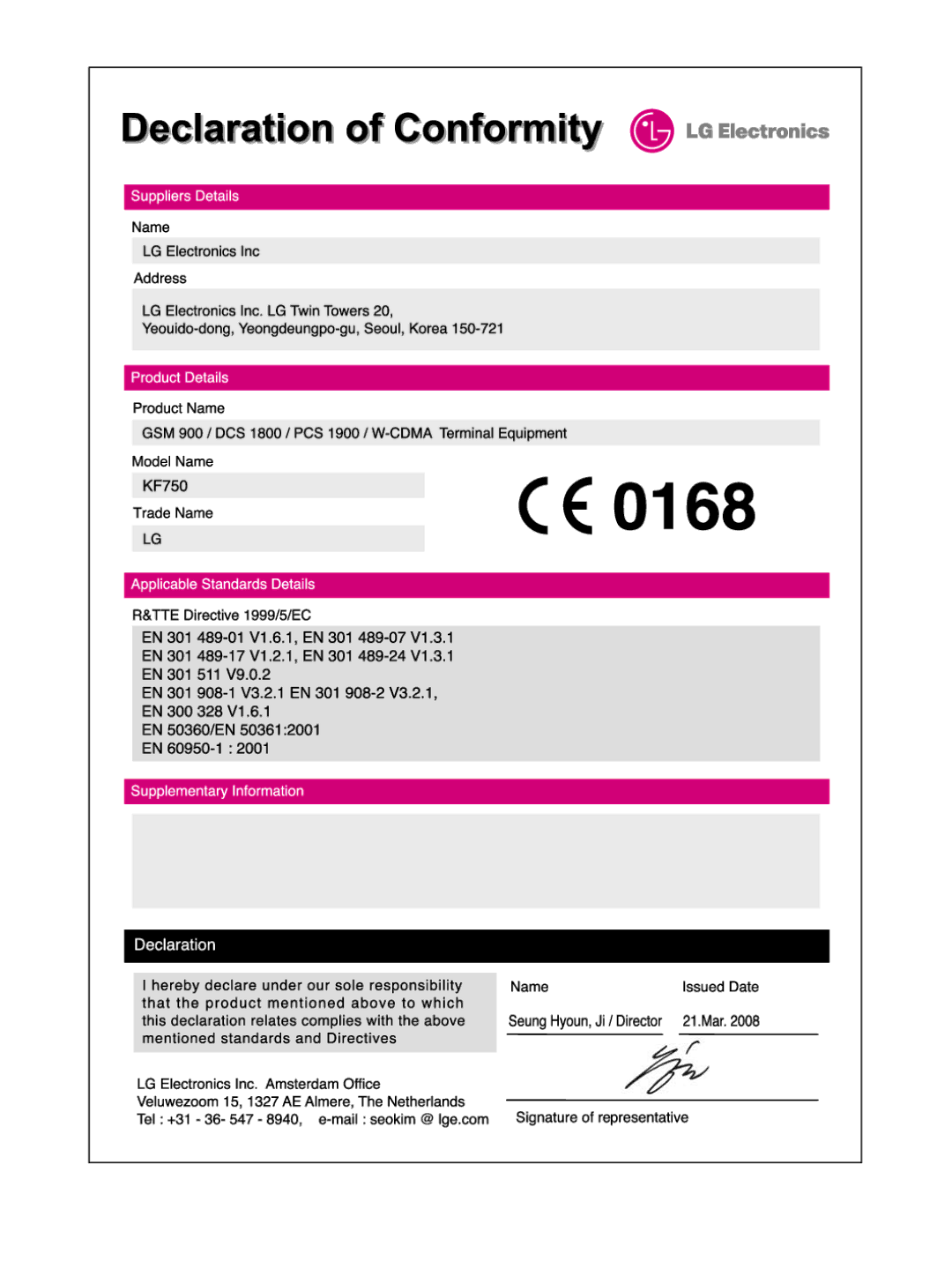 LG Electronics KF750 manual 