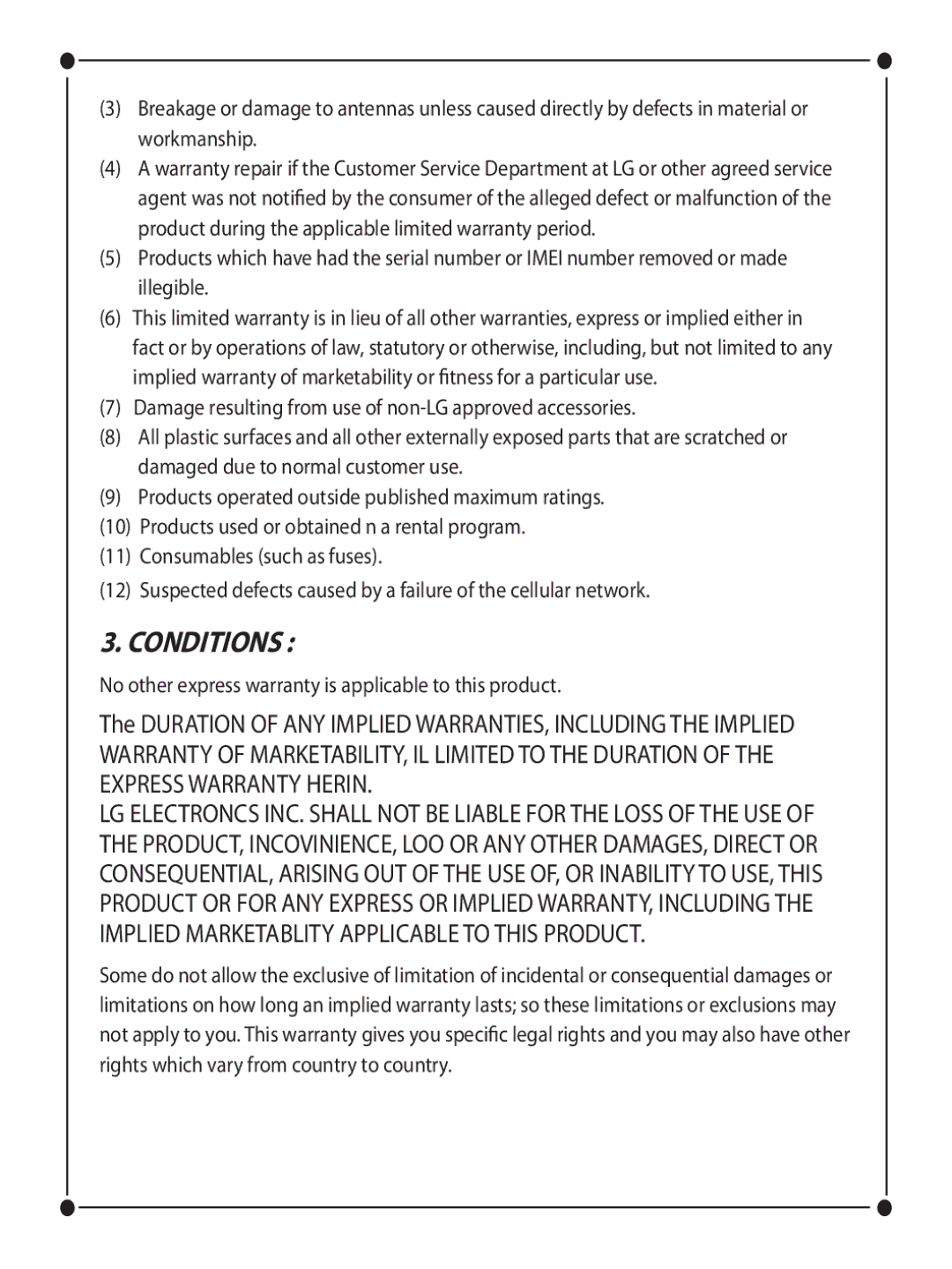 LG Electronics KF750 manual Conditions 